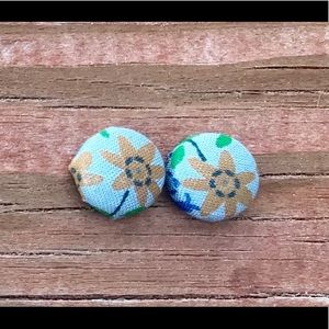Blue/Orange Floral Fabric Button Earrings